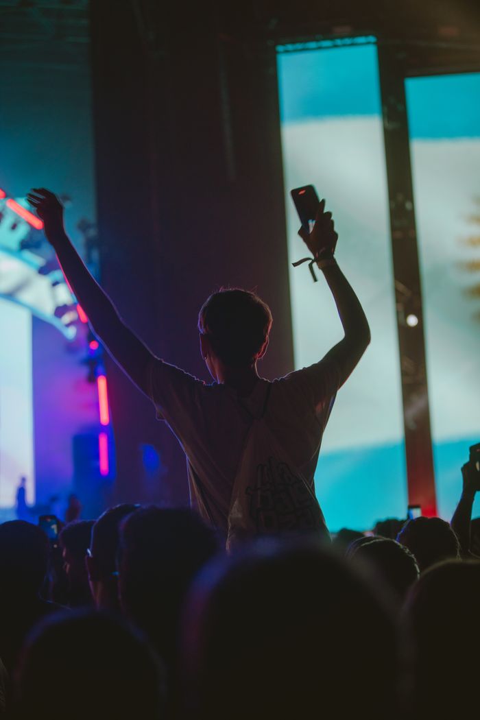 Silhouette of an audience member at a vibrant music festival.